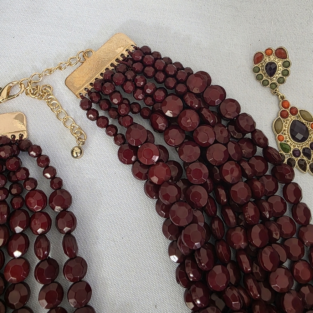Burgundy Multi Strand Faceted Acrylic Bead Necklace and Earrings Set - Picture 7 of 15